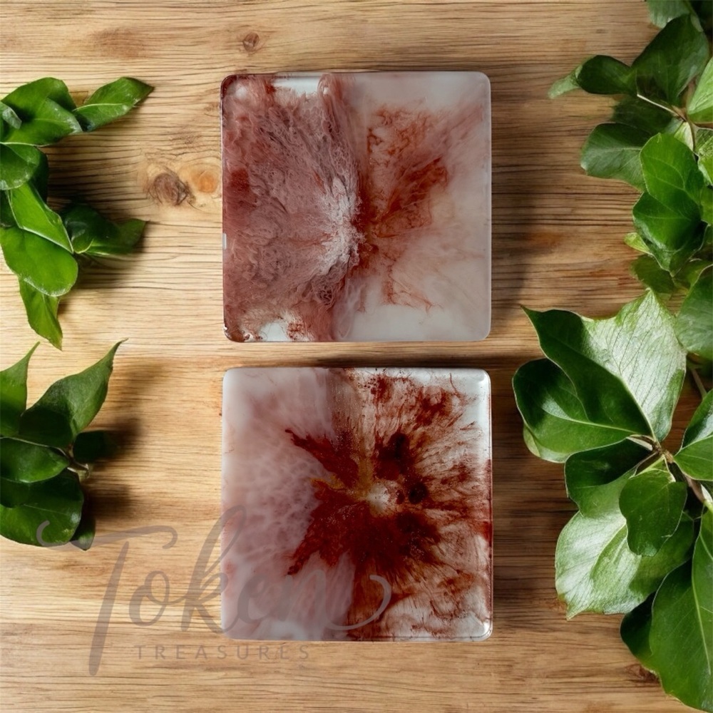 Artistic Resin Coasters with Red and White Design